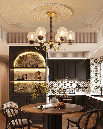 Delphine Retro Chandelier, Curved Brass Arms with Glass Globes