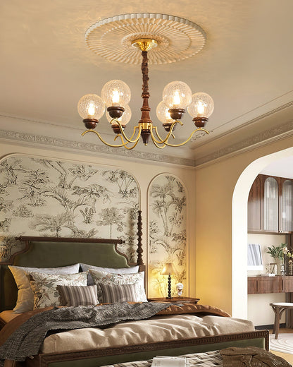 Delphine Retro Chandelier, Curved Brass Arms with Glass Globes
