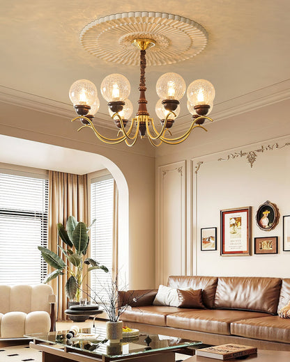 Delphine Retro Chandelier, Curved Brass Arms with Glass Globes