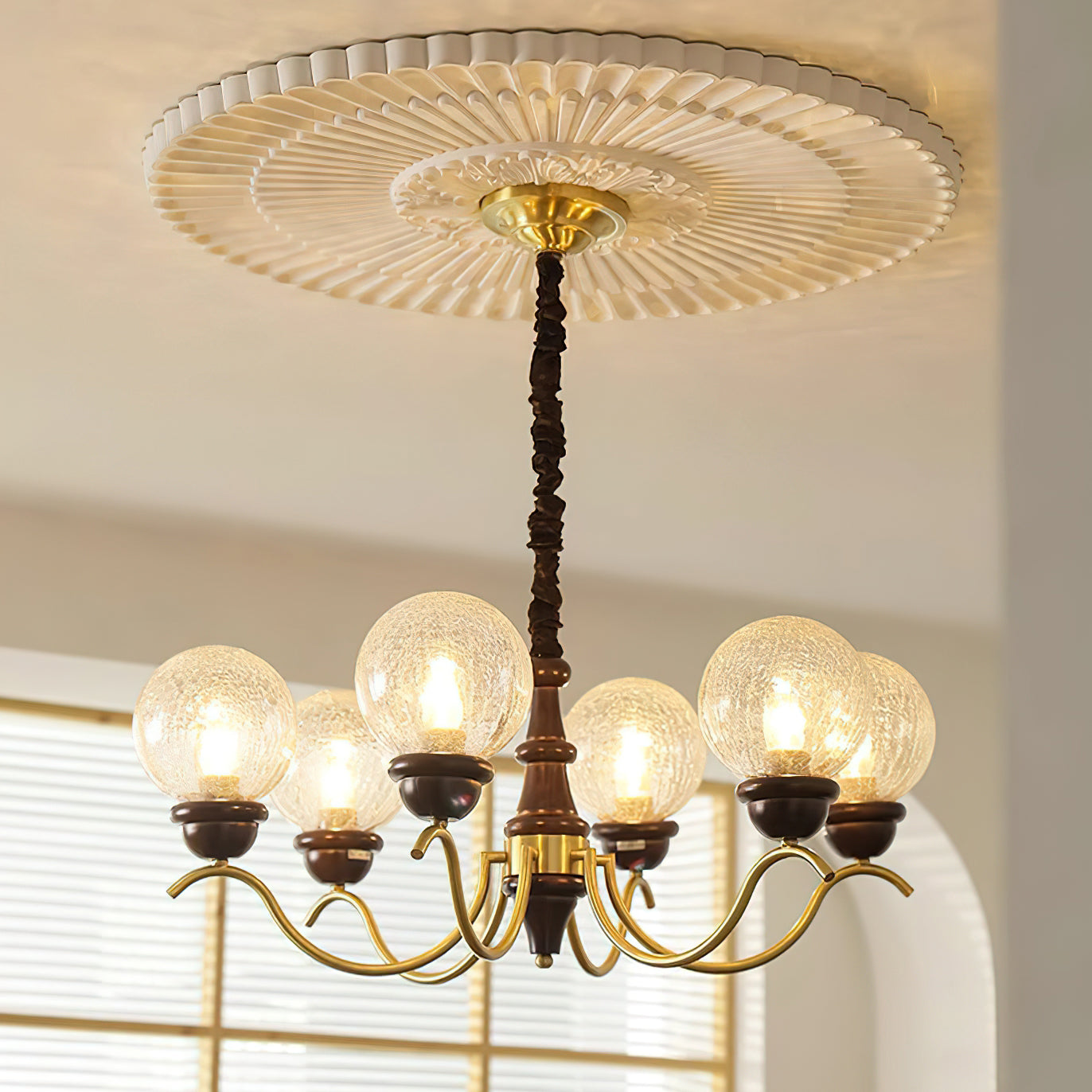 Delphine Retro Chandelier, Curved Brass Arms with Glass Globes