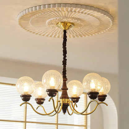 Delphine Retro Chandelier, Curved Brass Arms with Glass Globes