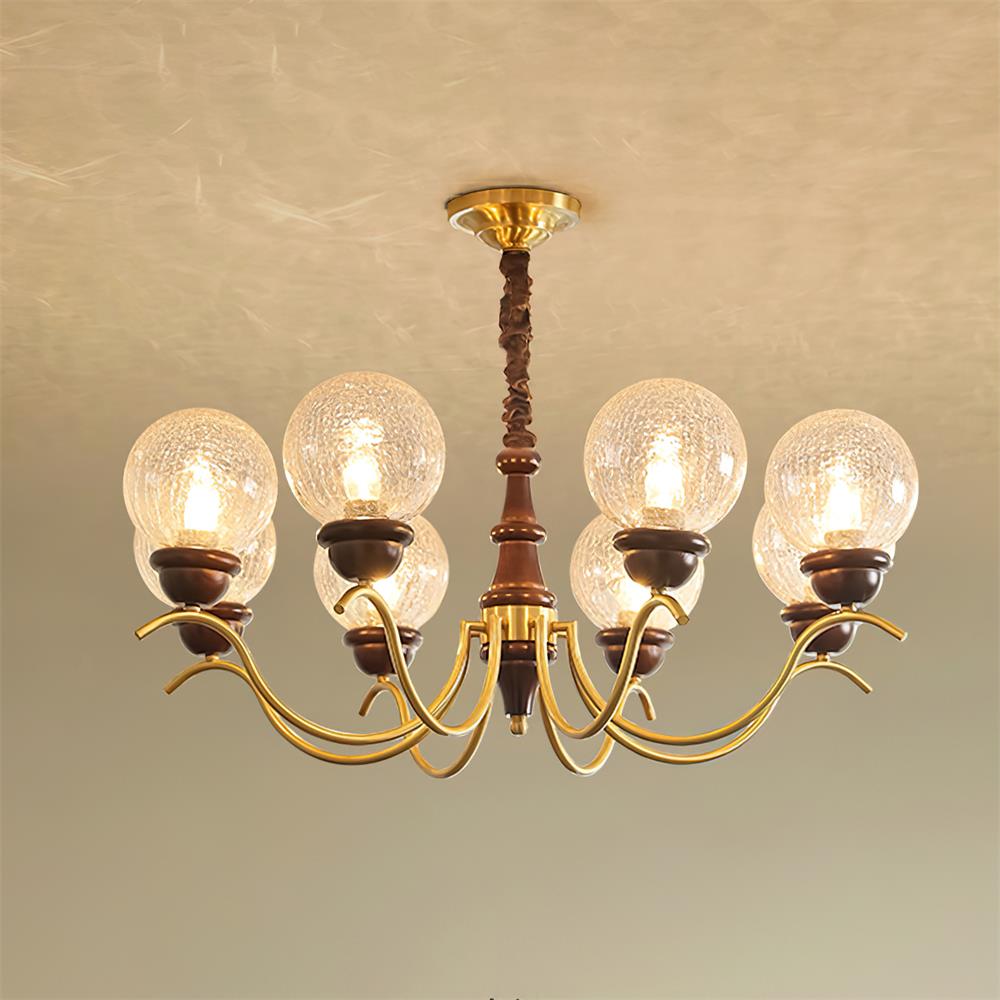 Delphine Retro Chandelier, Curved Brass Arms with Glass Globes