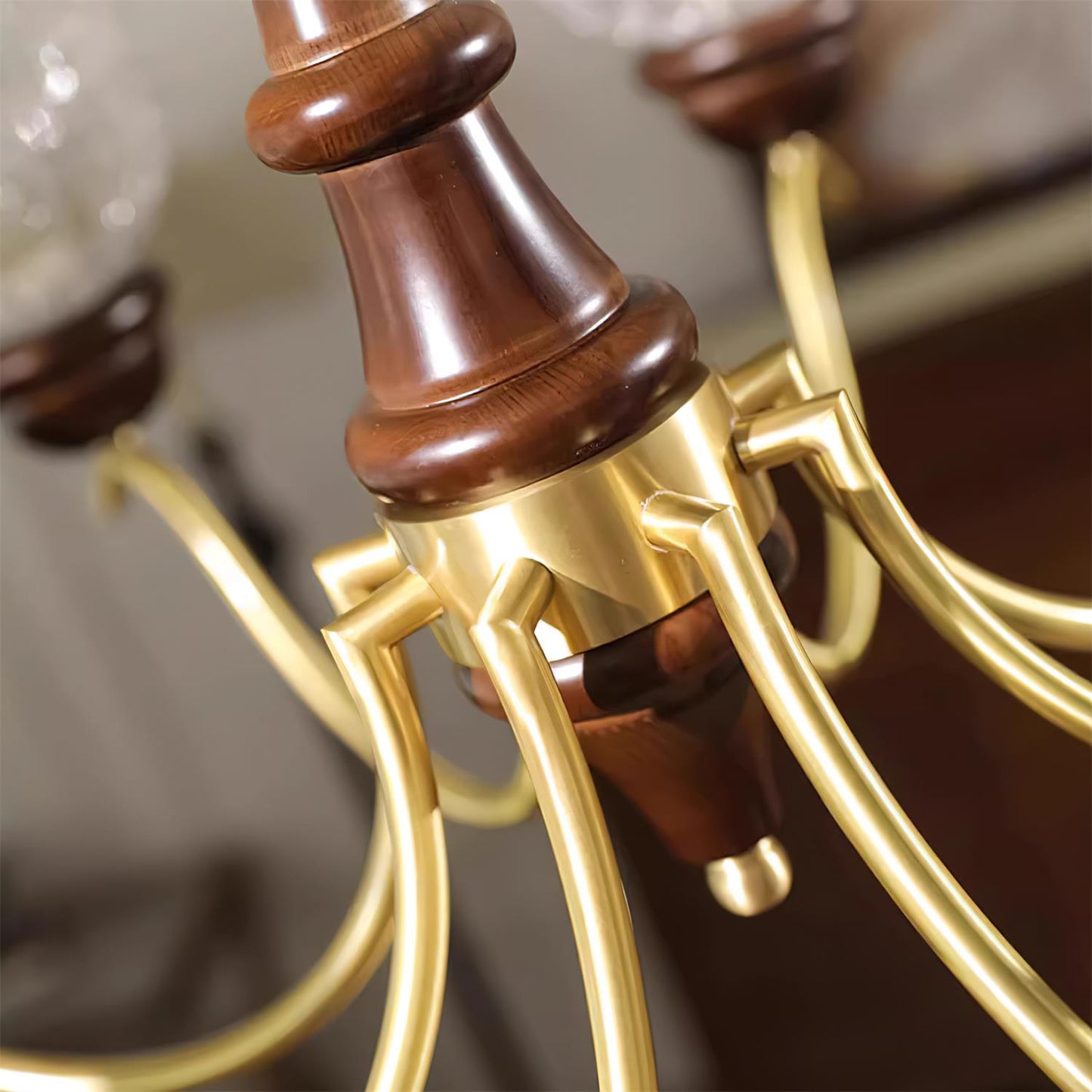 Delphine Retro Chandelier, Curved Brass Arms with Glass Globes