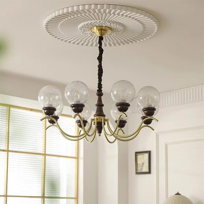 Delphine Retro Chandelier, Curved Brass Arms with Glass Globes