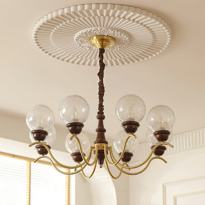 Delphine Retro Chandelier, Curved Brass Arms with Glass Globes