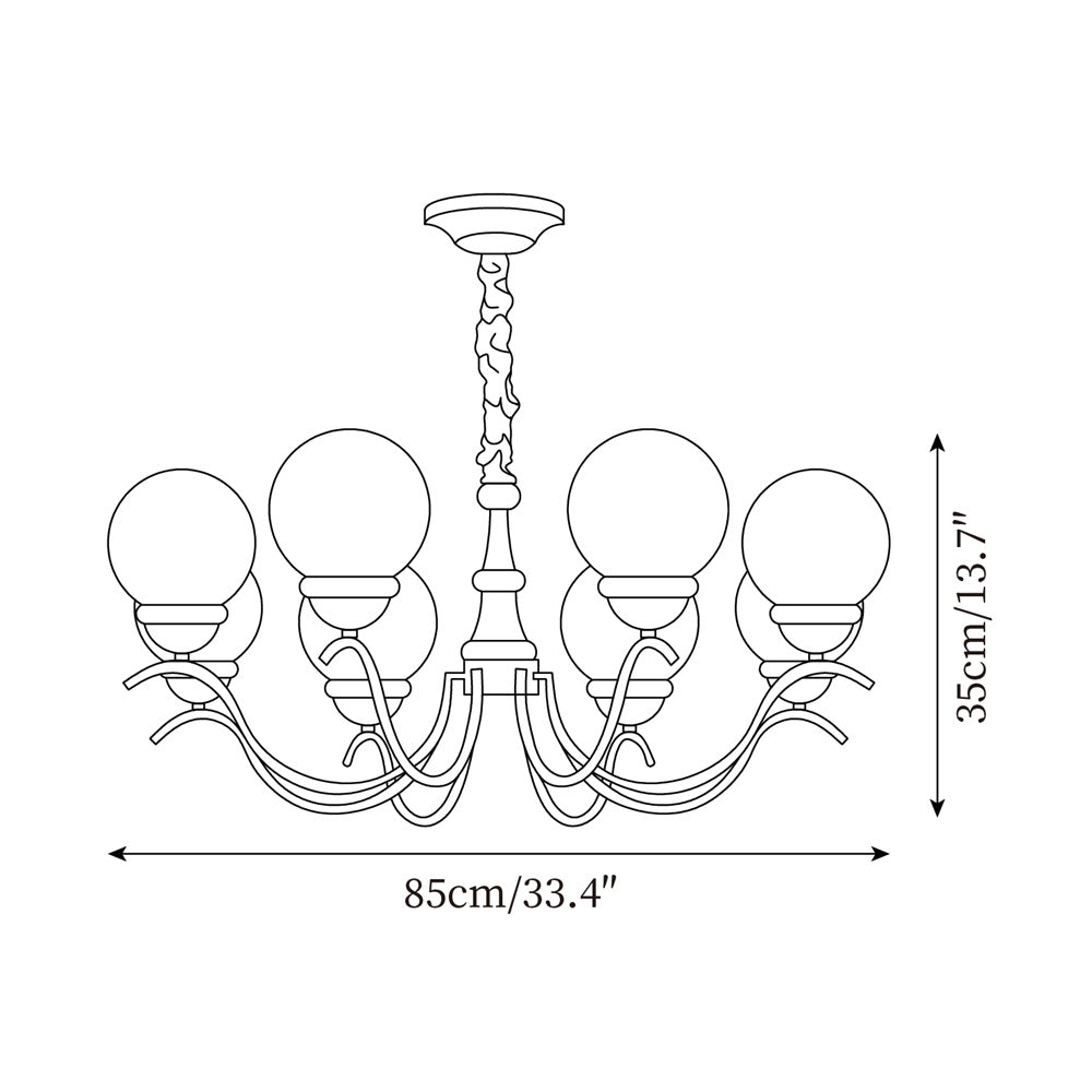 Delphine Retro Chandelier, Curved Brass Arms with Glass Globes