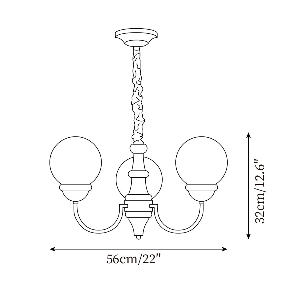 Delphine Retro Chandelier, Curved Brass Arms with Glass Globes