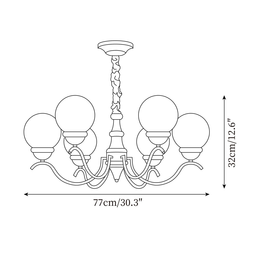 Delphine Retro Chandelier, Curved Brass Arms with Glass Globes
