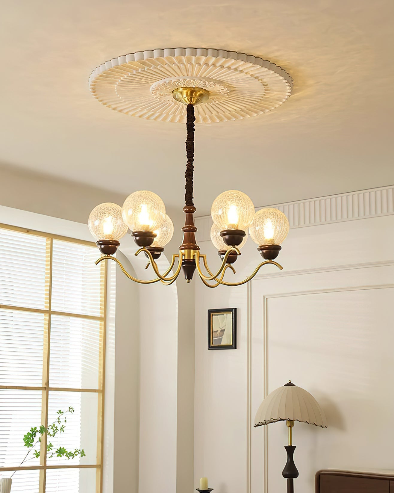 Delphine Retro Chandelier, Curved Brass Arms with Glass Globes