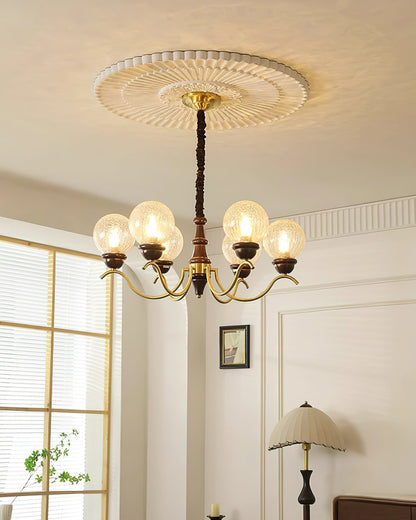 Delphine Retro Chandelier, Curved Brass Arms with Glass Globes