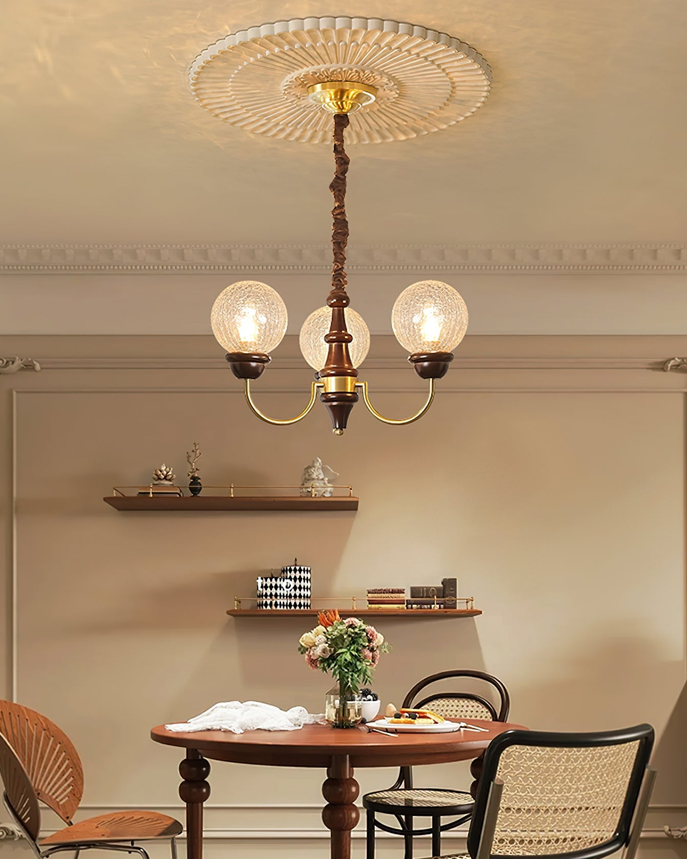 Delphine Retro Chandelier, Curved Brass Arms with Glass Globes