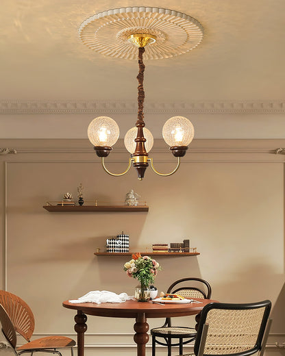 Delphine Retro Chandelier, Curved Brass Arms with Glass Globes