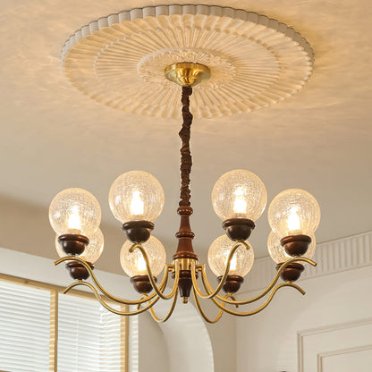 Delphine Retro Chandelier, Curved Brass Arms with Glass Globes