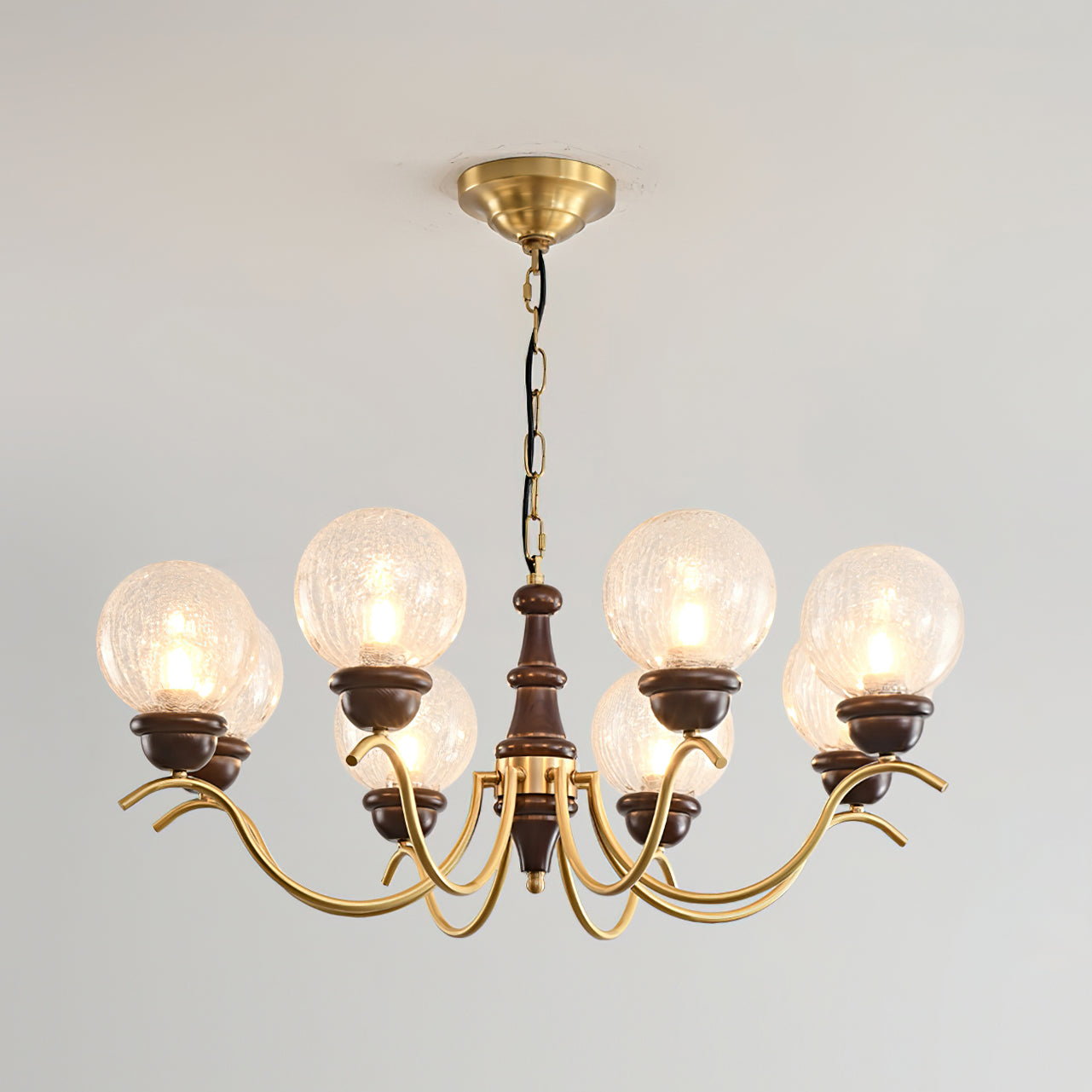 Delphine Retro Chandelier, Curved Brass Arms with Glass Globes