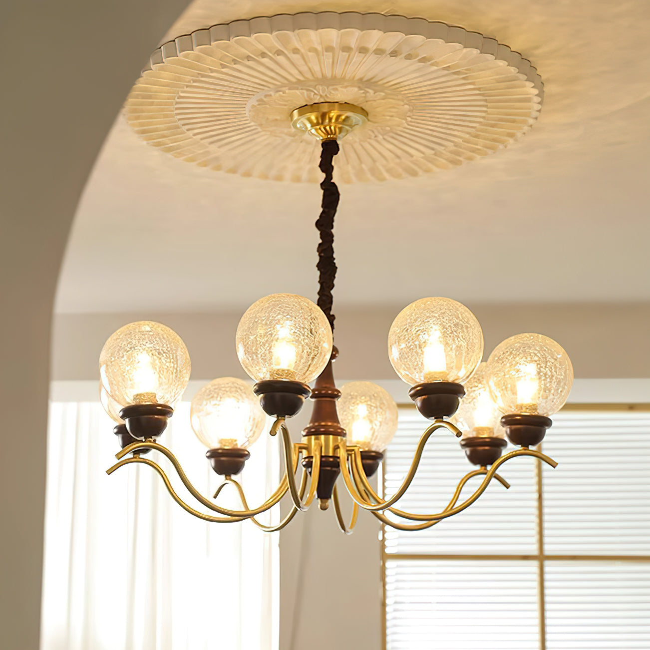 Delphine Retro Chandelier, Curved Brass Arms with Glass Globes