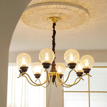 Delphine Retro Chandelier, Curved Brass Arms with Glass Globes