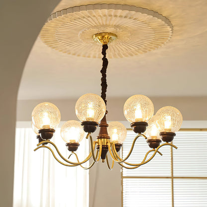 Delphine Retro Chandelier, Curved Brass Arms with Glass Globes