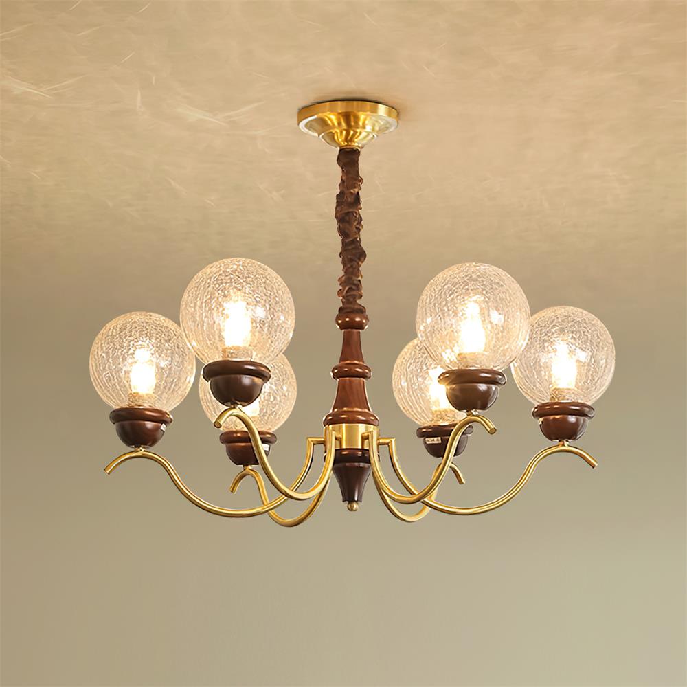Delphine Retro Chandelier, Curved Brass Arms with Glass Globes