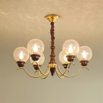 Delphine Retro Chandelier, Curved Brass Arms with Glass Globes