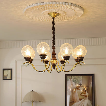 Delphine Retro Chandelier, Curved Brass Arms with Glass Globes