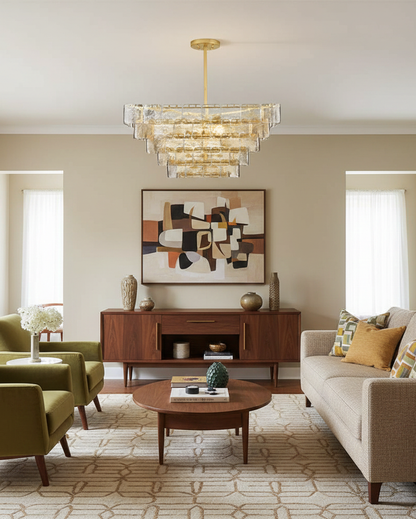 Séverine Glass Chandelier, Layered Textured Panels with Gold Frame