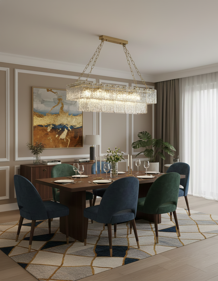 Séverine Glass Chandelier, Layered Textured Panels with Gold Frame