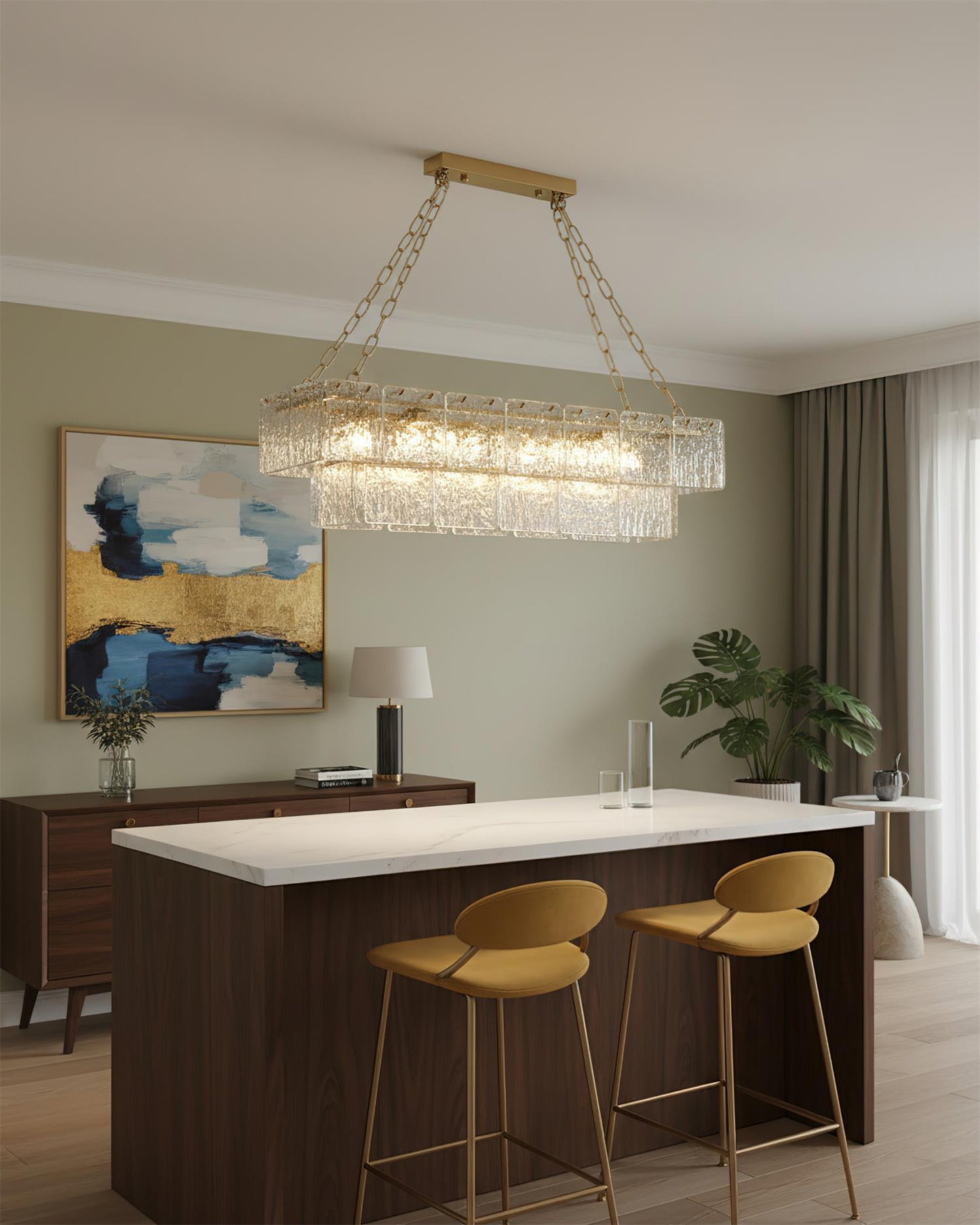 Séverine Glass Chandelier, Layered Textured Panels with Gold Frame