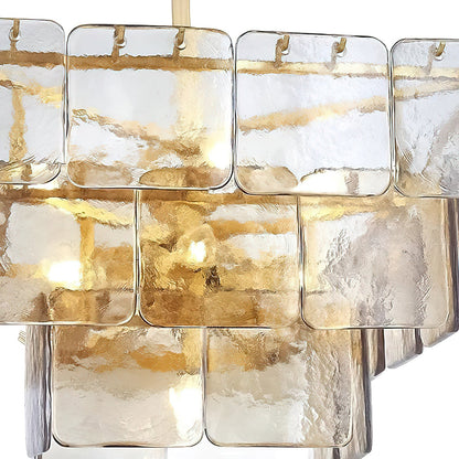 Séverine Glass Chandelier, Layered Textured Panels with Gold Frame
