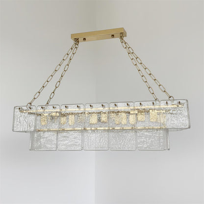 Séverine Glass Chandelier, Layered Textured Panels with Gold Frame