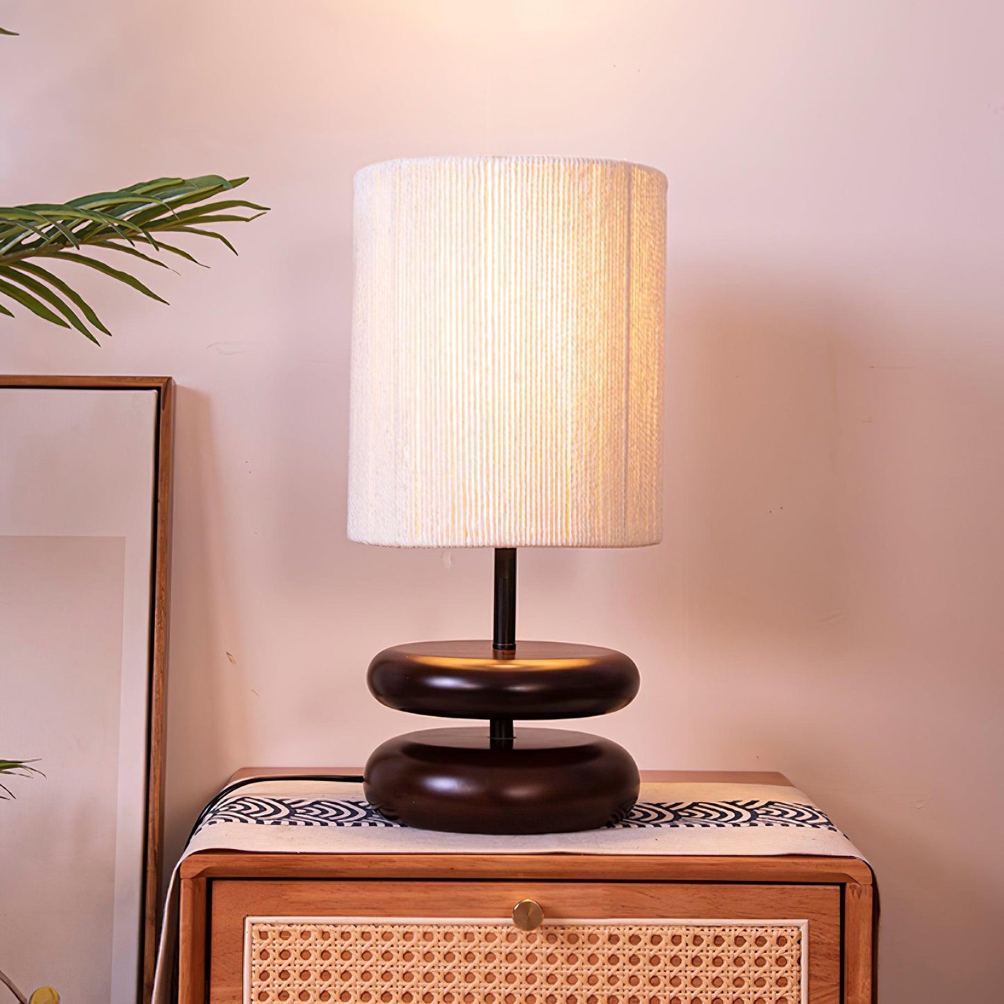 Camille Wooden River Rock Table Lamp with Fabric Shade