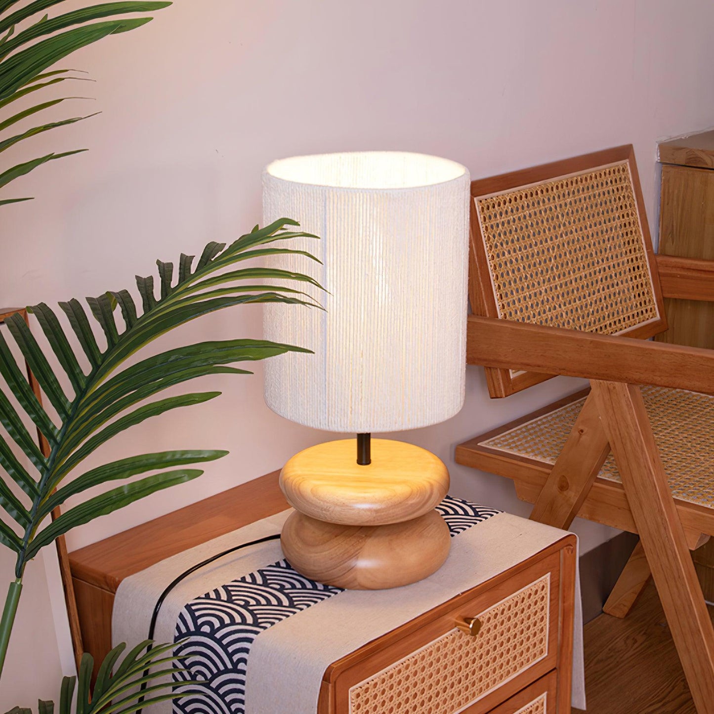 Camille Wooden River Rock Table Lamp with Fabric Shade