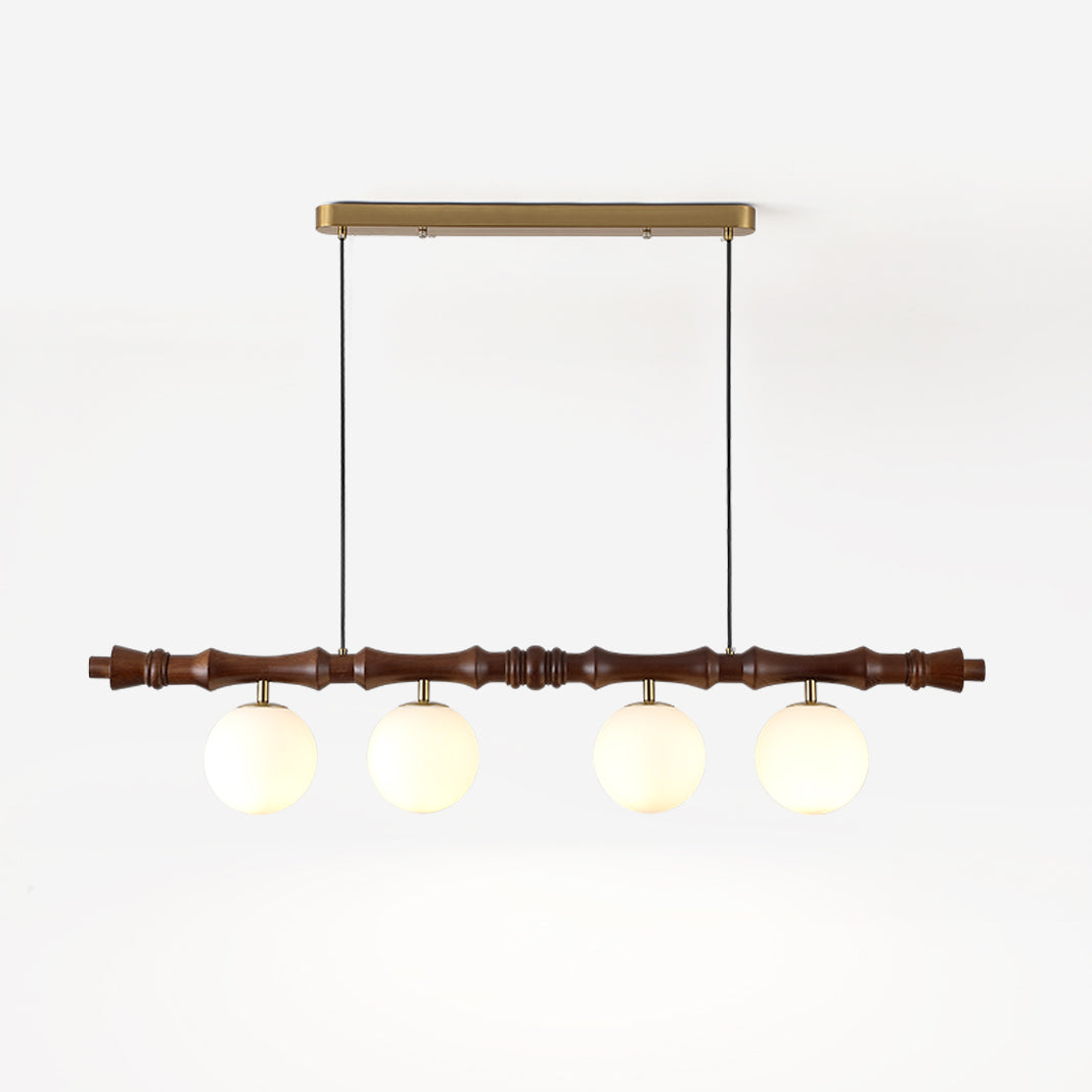 Céline Wood Chandelier, Carved Wooden Beam with Frosted Glass Globes