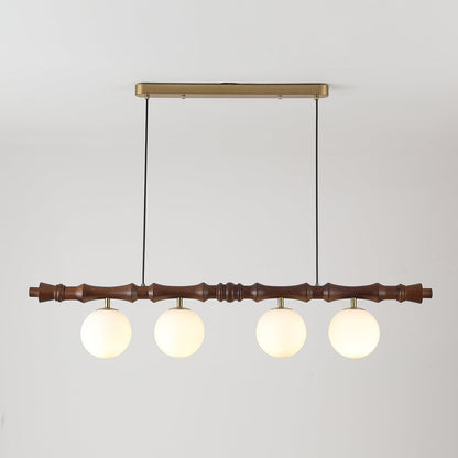 Céline Wood Chandelier, Carved Wooden Beam with Frosted Glass Globes