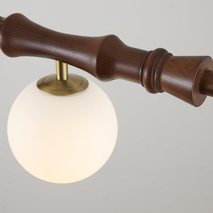 Céline Wood Chandelier, Carved Wooden Beam with Frosted Glass Globes