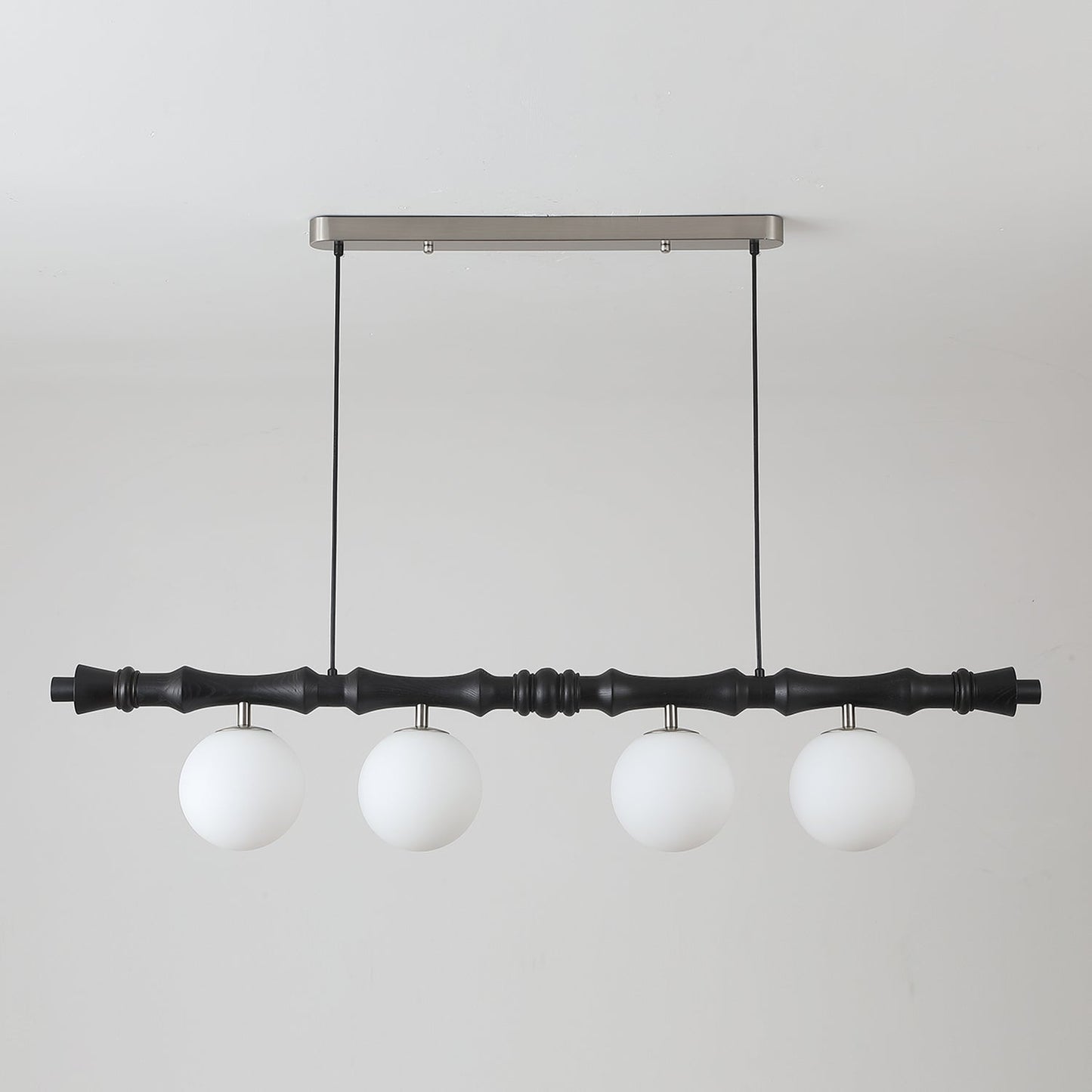 Céline Wood Chandelier, Carved Wooden Beam with Frosted Glass Globes