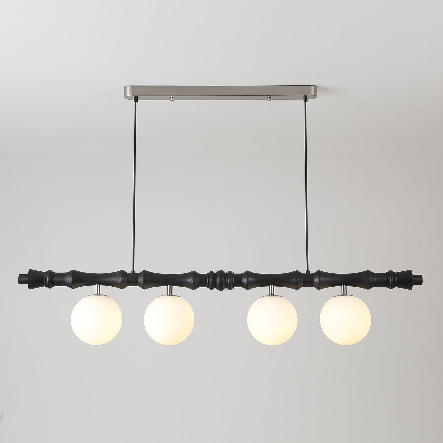 Céline Wood Chandelier, Carved Wooden Beam with Frosted Glass Globes