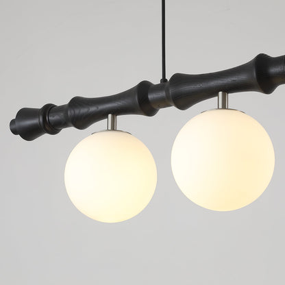 Céline Wood Chandelier, Carved Wooden Beam with Frosted Glass Globes