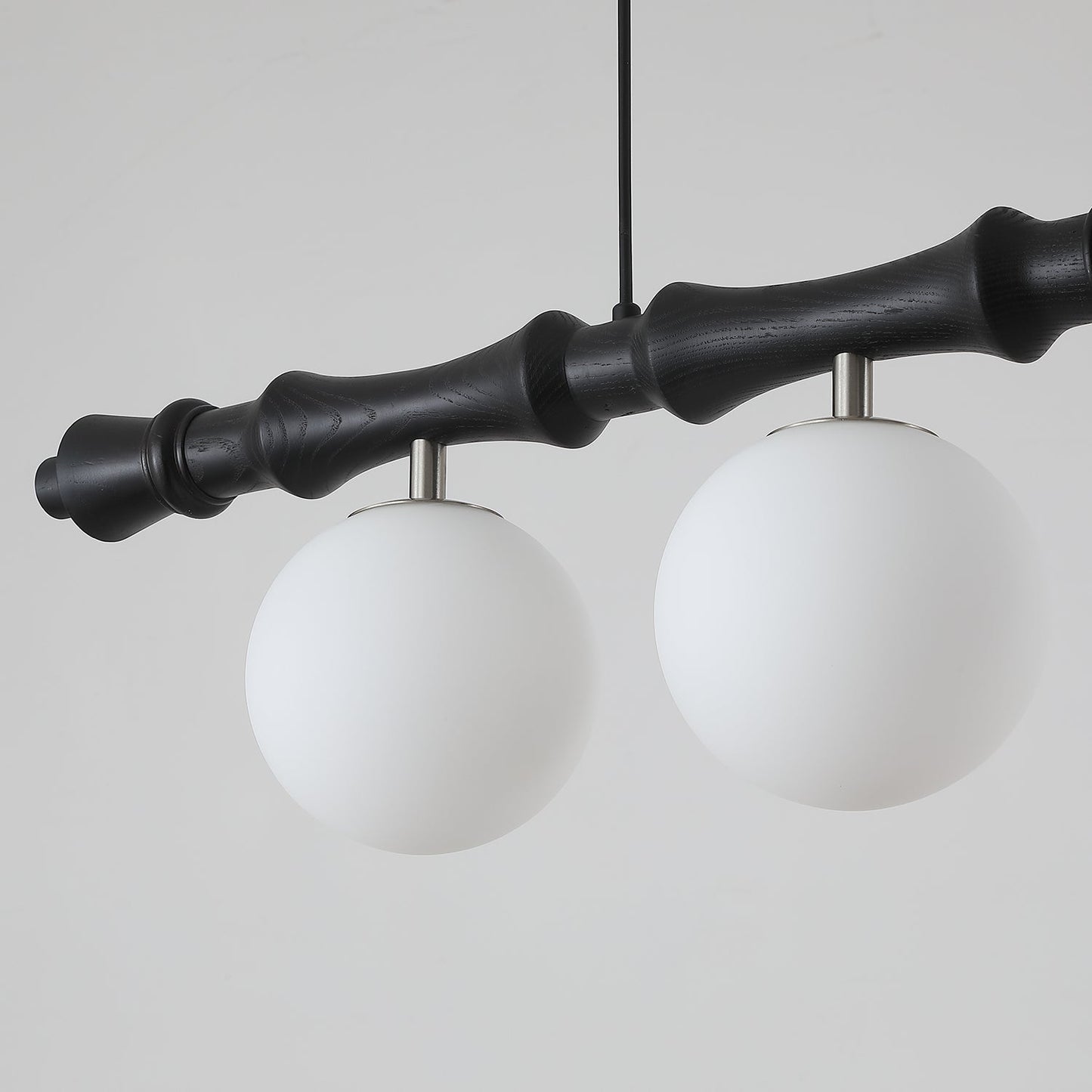 Céline Wood Chandelier, Carved Wooden Beam with Frosted Glass Globes