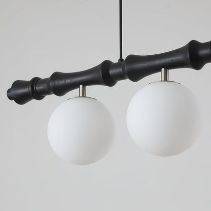Céline Wood Chandelier, Carved Wooden Beam with Frosted Glass Globes