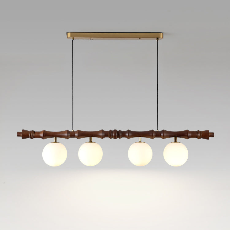 Céline Wood Chandelier, Carved Wooden Beam with Frosted Glass Globes