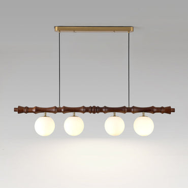 Céline Wood Chandelier, Carved Wooden Beam with Frosted Glass Globes