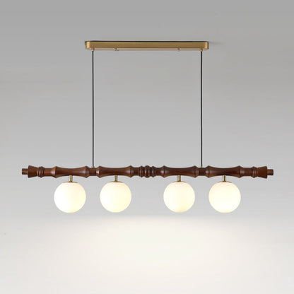 Céline Wood Chandelier, Carved Wooden Beam with Frosted Glass Globes