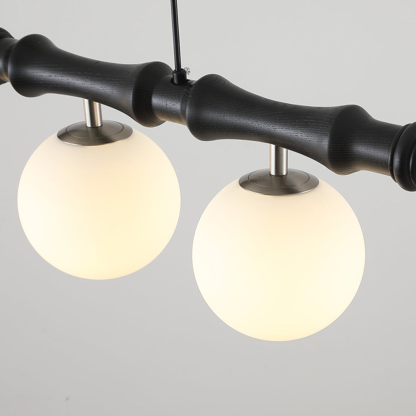 Céline Wood Chandelier, Carved Wooden Beam with Frosted Glass Globes