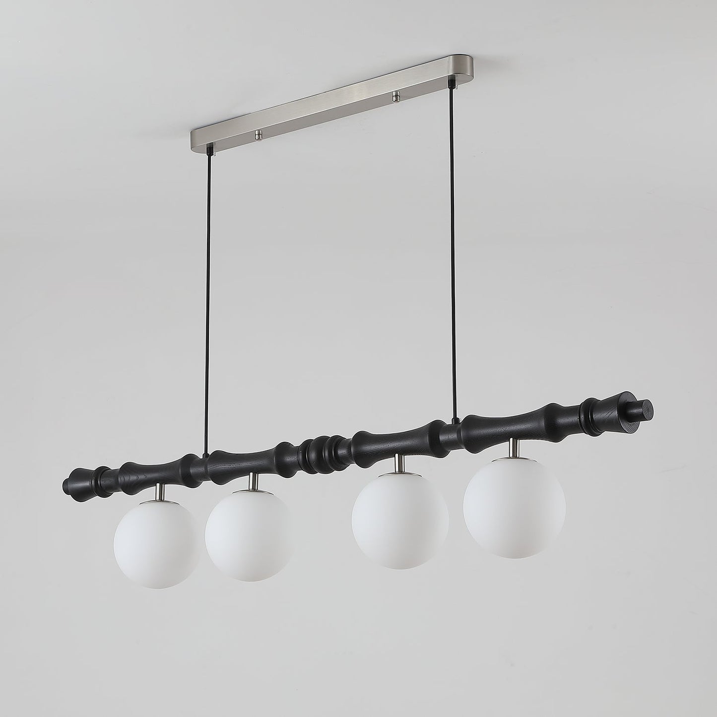 Céline Wood Chandelier, Carved Wooden Beam with Frosted Glass Globes