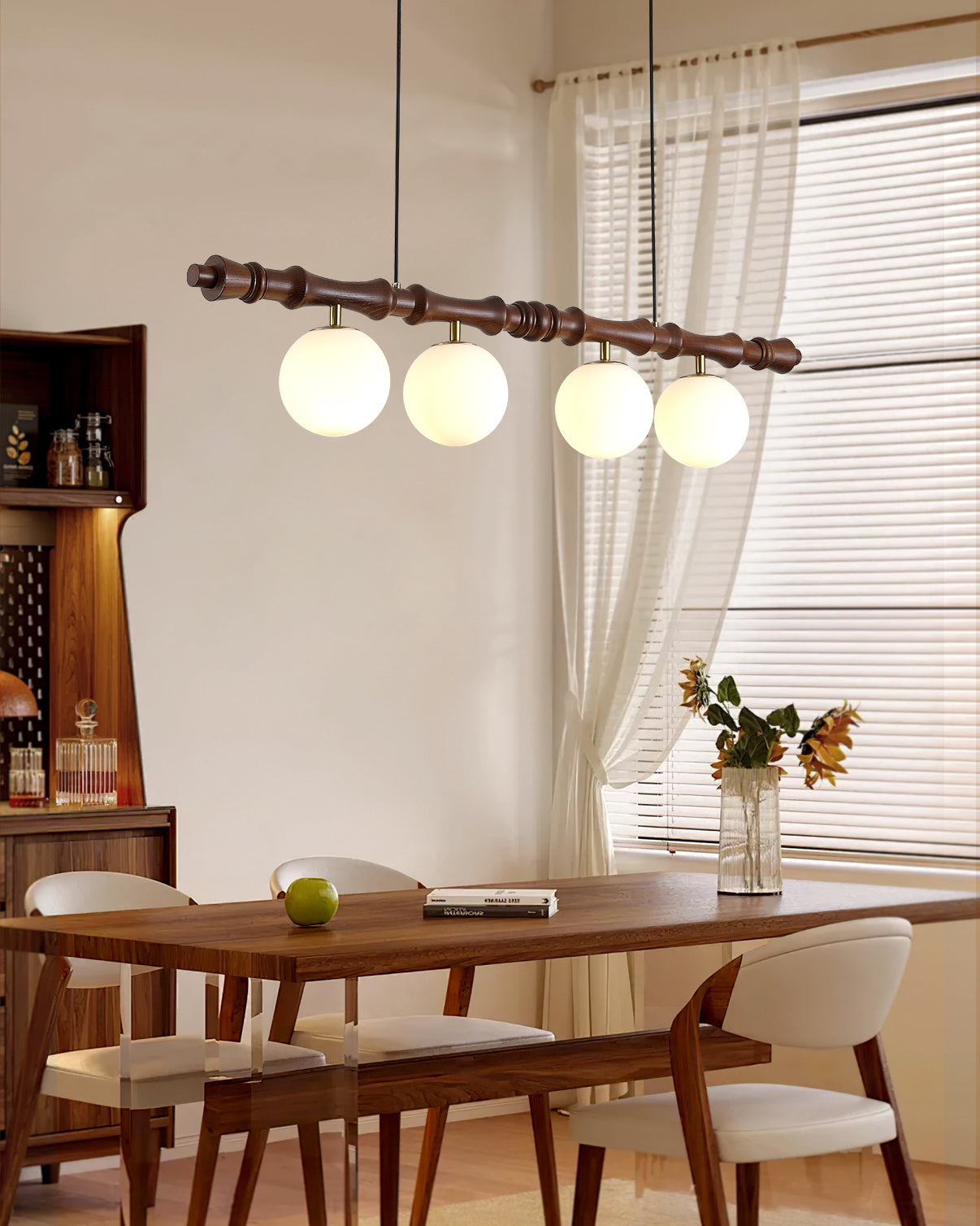 Céline Wood Chandelier, Carved Wooden Beam with Frosted Glass Globes