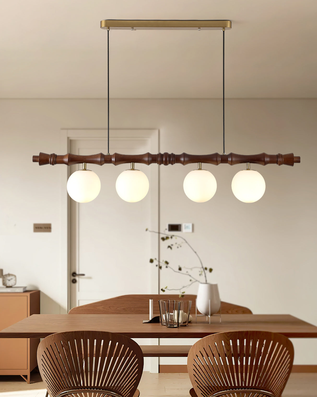Céline Wood Chandelier, Carved Wooden Beam with Frosted Glass Globes