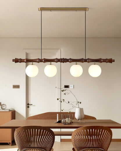 Céline Wood Chandelier, Carved Wooden Beam with Frosted Glass Globes