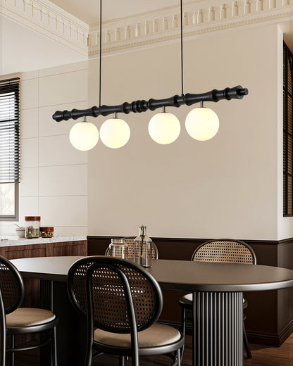 Céline Wood Chandelier, Carved Wooden Beam with Frosted Glass Globes