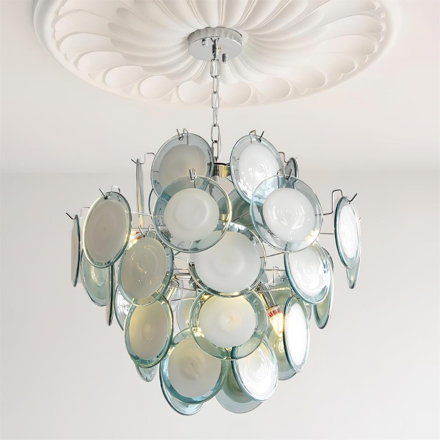 Sabine Glass Chandelier, Hand-Blown Disc Sphere with Metal Frame