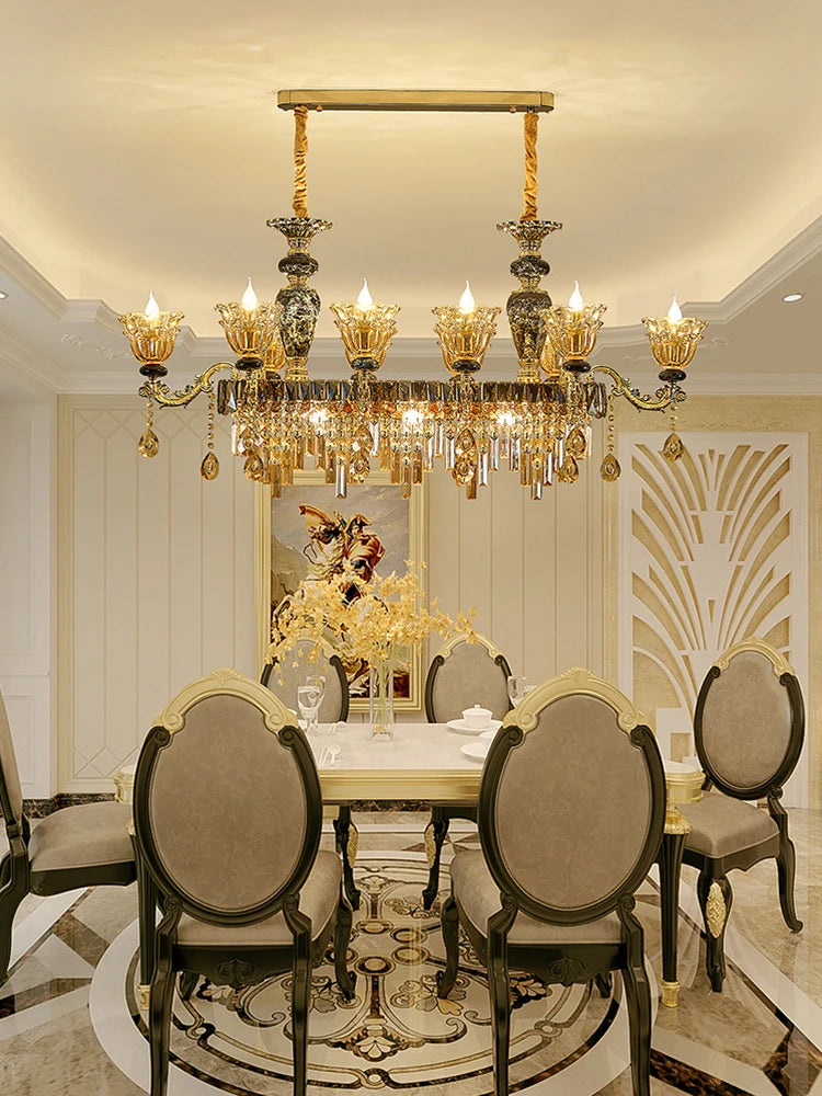 Sophie Long Crystal Stained Glass Dining Chandelier Light
